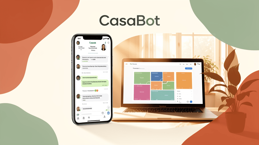 CasaBot app showing WhatsApp chat with a housekeeper and dashboard overview